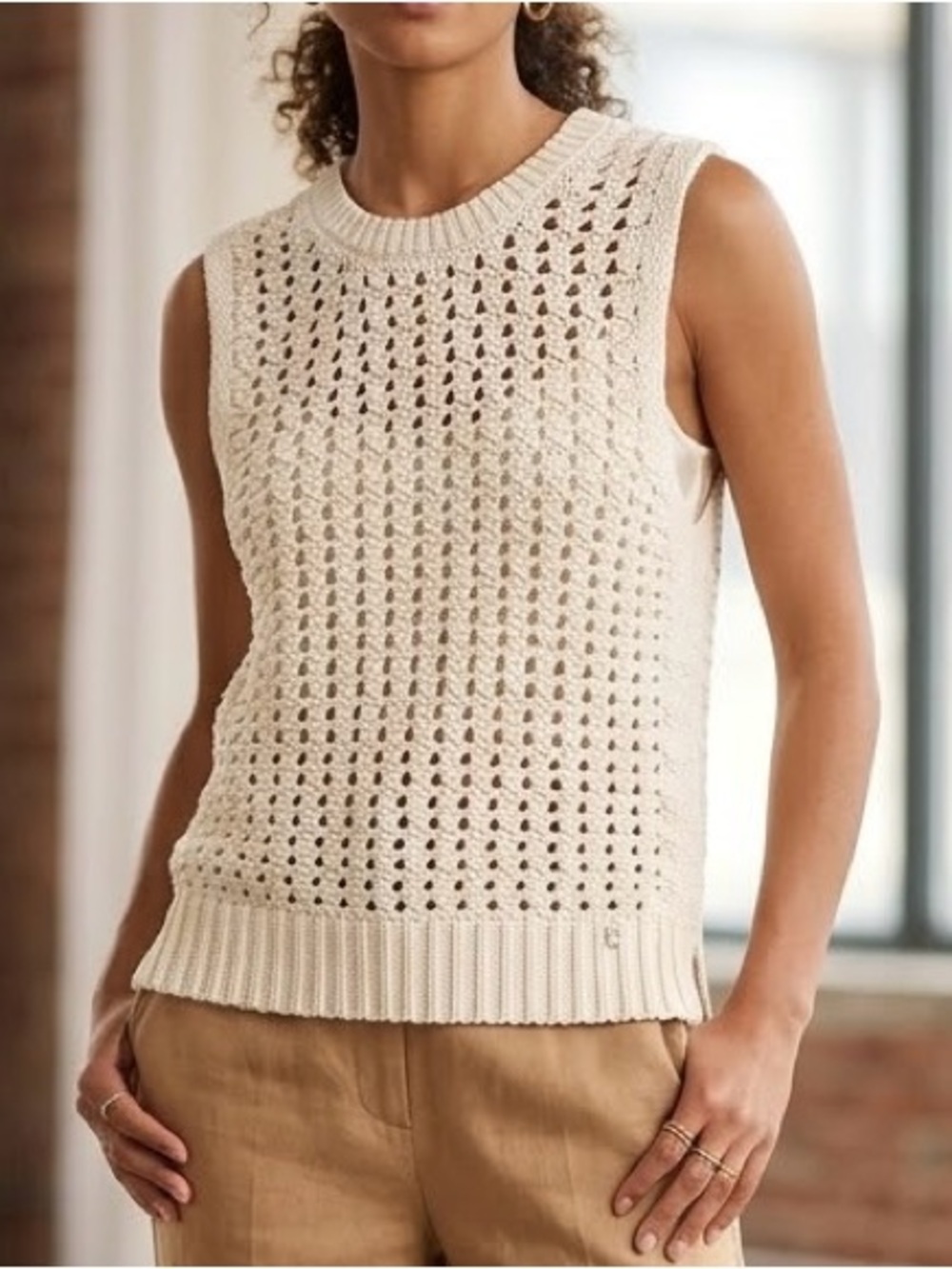 DKNY Open-Knit Sleeveless Crew Neck Sweater in Cream